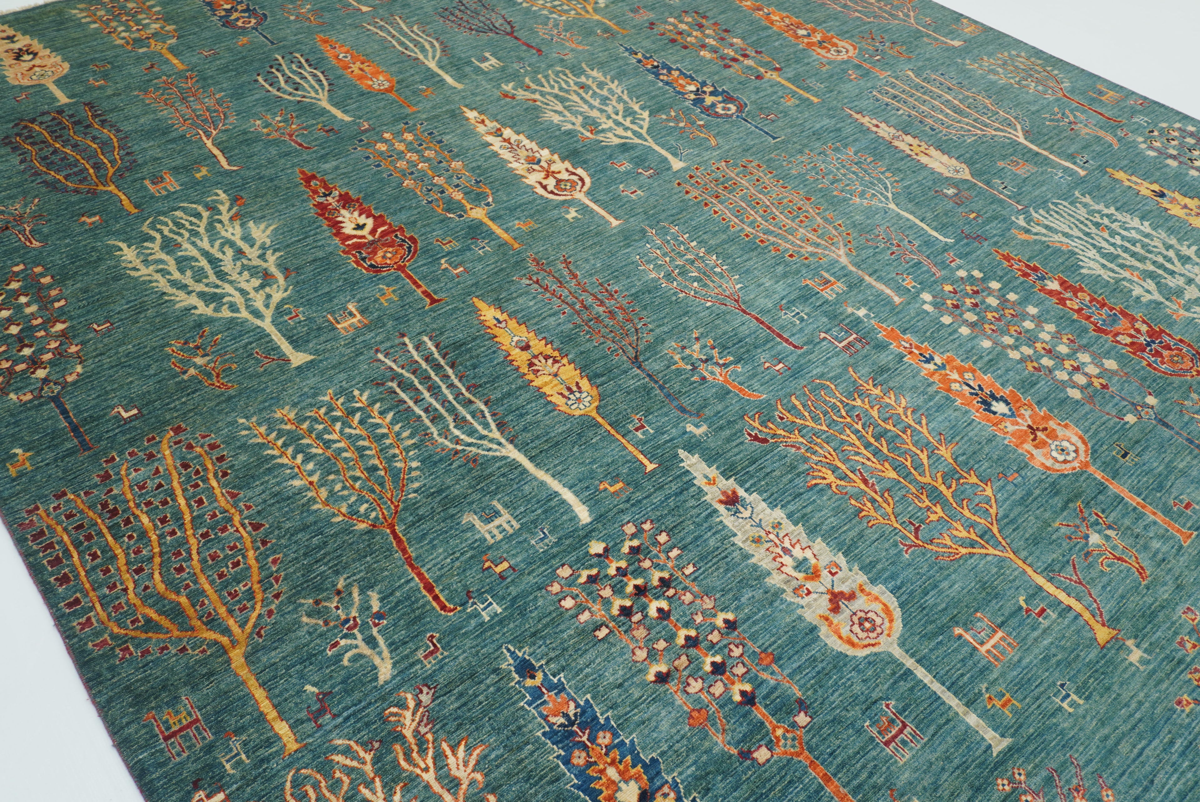 9x12 Green Gabbeh Afghan Hand-Knotted Wool Tree Rug - Yildiz Rugs