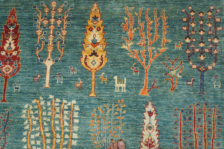 9x12 Green Gabbeh Afghan Hand-Knotted Wool Tree Rug - Yildiz Rugs