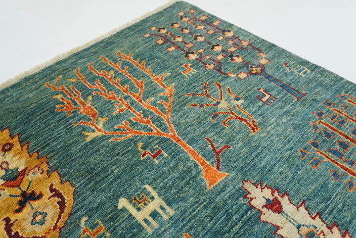 9x12 Green Gabbeh Afghan Hand-Knotted Wool Tree Rug - Yildiz Rugs