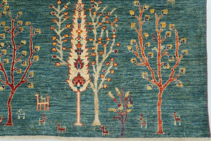9x12 Green Gabbeh Afghan Hand-Knotted Wool Tree Rug - Yildiz Rugs