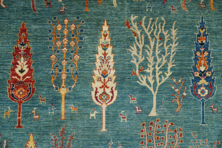 9x12 Green Gabbeh Afghan Hand-Knotted Wool Tree Rug - Yildiz Rugs