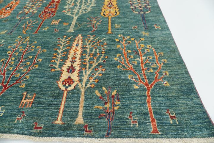 9x12 Green Gabbeh Afghan Hand-Knotted Wool Tree Rug - Yildiz Rugs