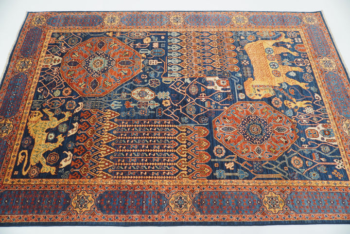 6x9 Navy Blue Mamluk Afghan Hand-Knotted Rug - Yildiz Rugs