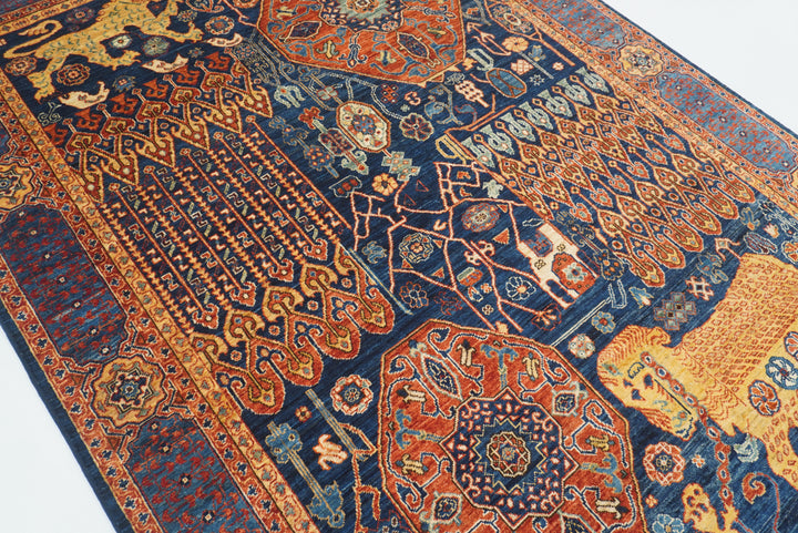 6x9 Navy Blue Mamluk Afghan Hand-Knotted Rug - Yildiz Rugs