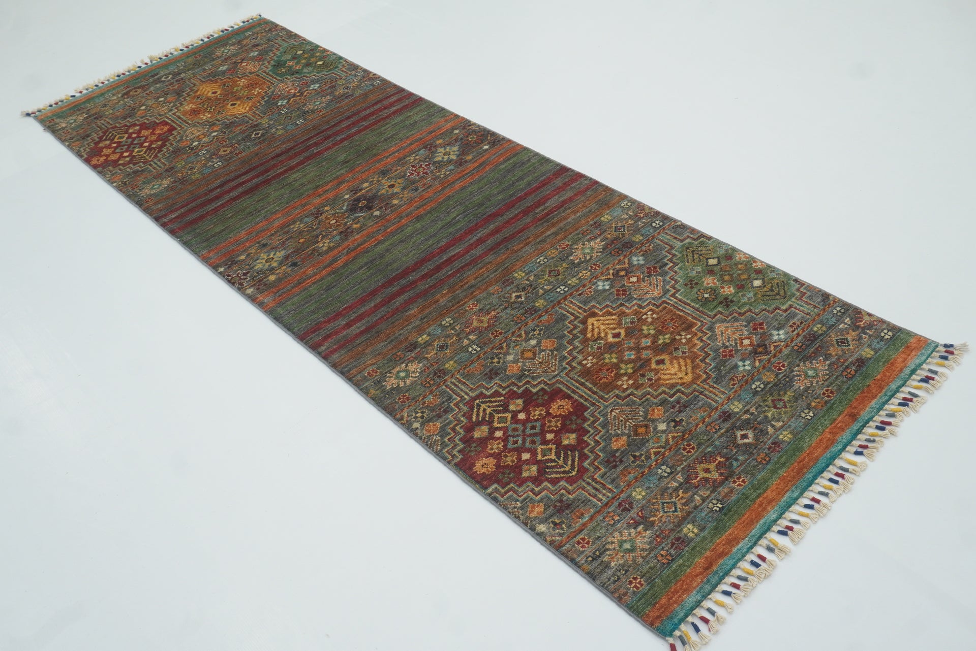 8 ft Gray Khorjin Afghan Hand Knotted Wool Runner Rug - Yildiz Rugs