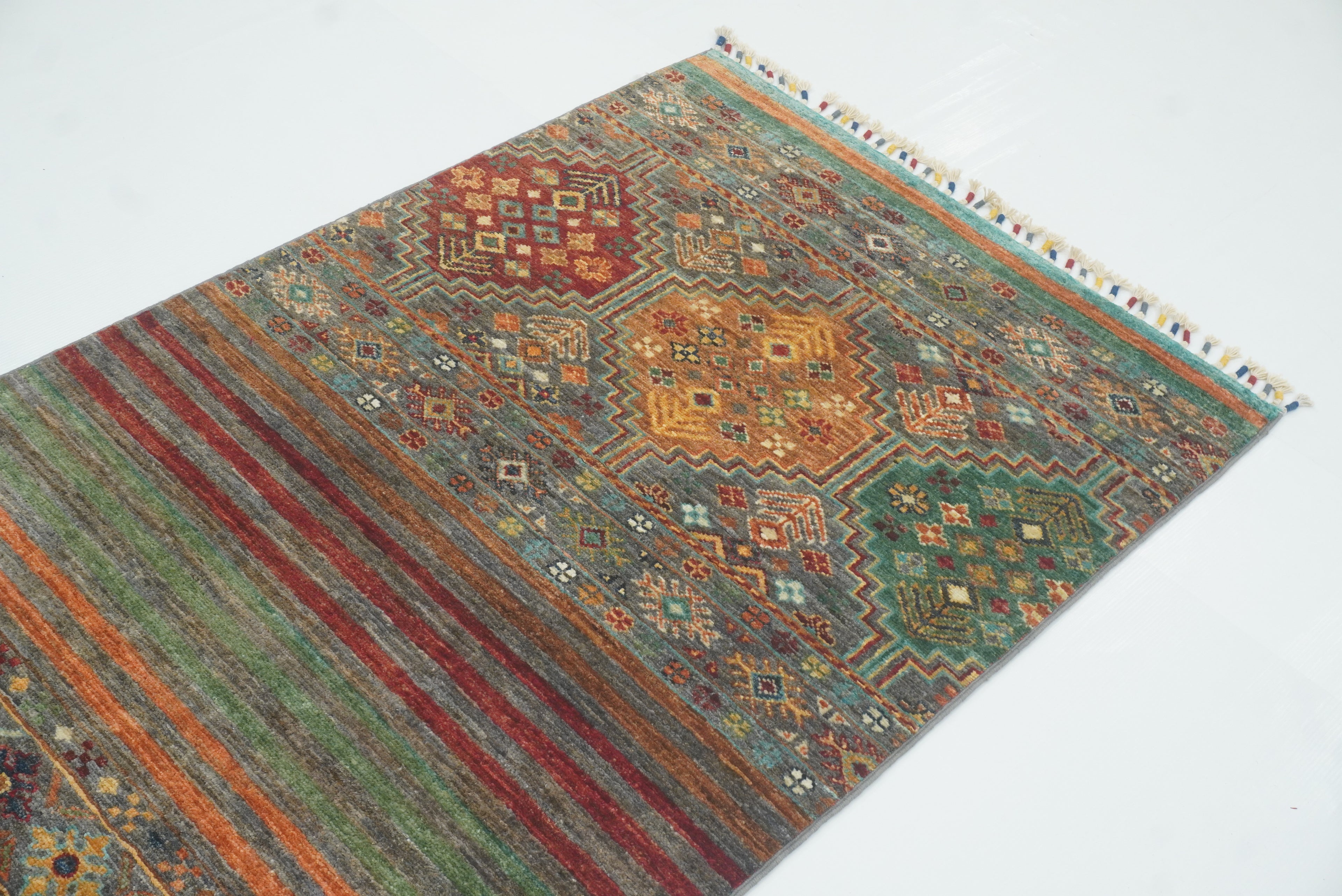 8 ft Gray Khorjin Afghan Hand Knotted Wool Runner Rug - Yildiz Rugs