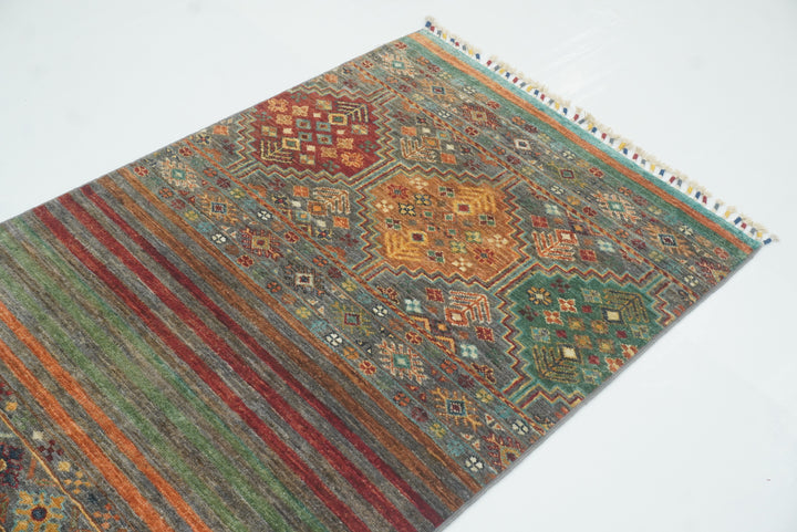 8 ft Gray Khorjin Afghan Hand Knotted Wool Runner Rug - Yildiz Rugs