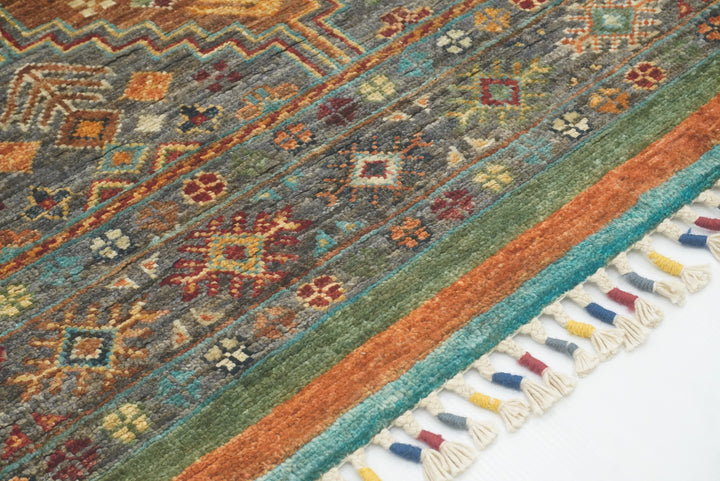 8 ft Gray Khorjin Afghan Hand Knotted Wool Runner Rug - Yildiz Rugs