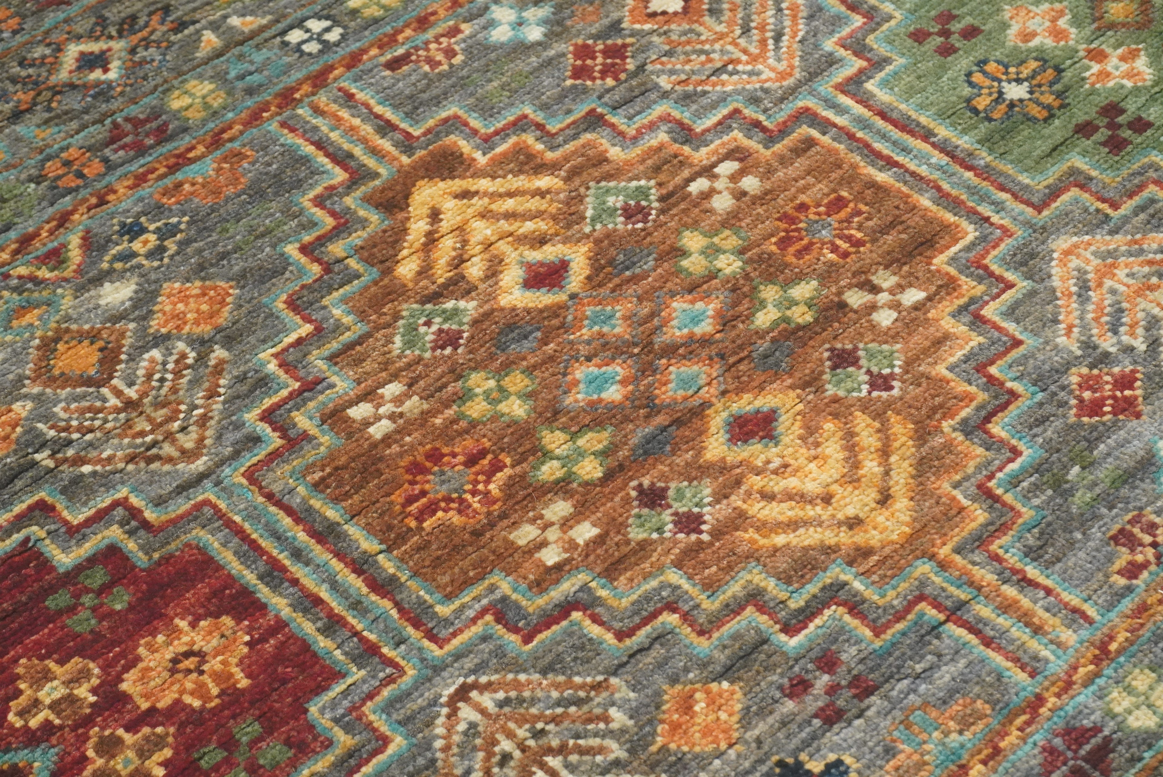 8 ft Gray Khorjin Afghan Hand Knotted Wool Runner Rug - Yildiz Rugs