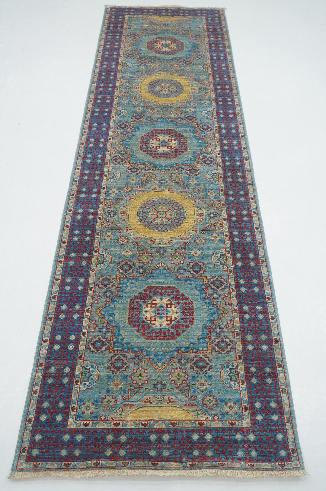 9 ft Pastel Blue Mamluk Turkish Hand knotted Medallion Runner Rug - Yildiz Rugs