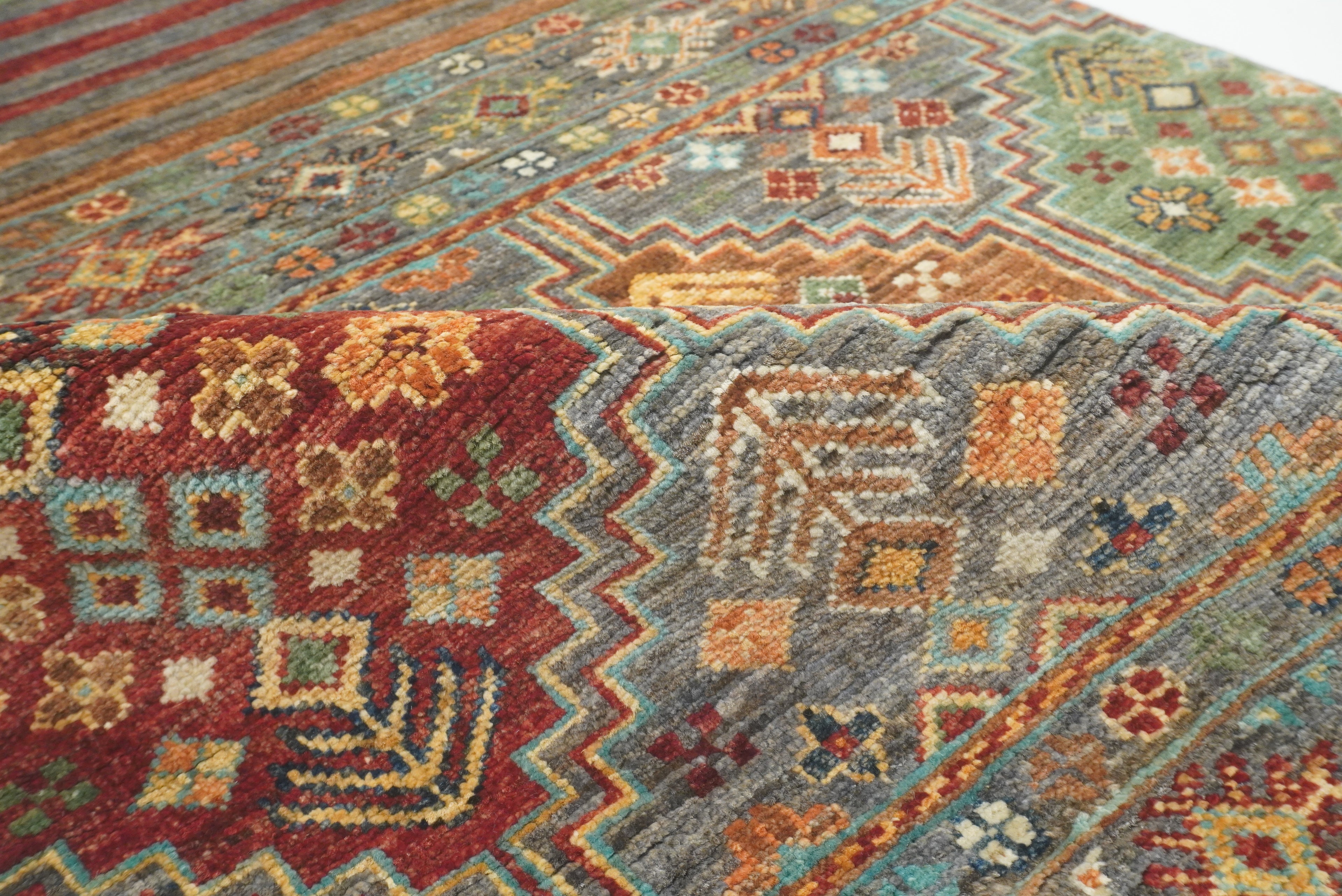 8 ft Gray Khorjin Afghan Hand Knotted Wool Runner Rug - Yildiz Rugs