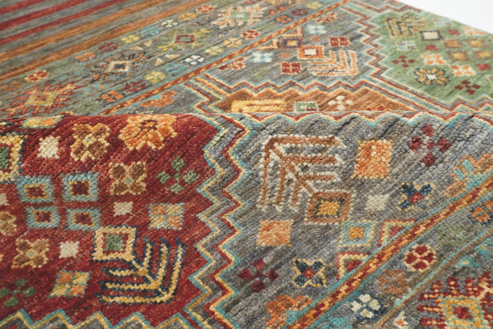 8 ft Gray Khorjin Afghan Hand Knotted Wool Runner Rug - Yildiz Rugs