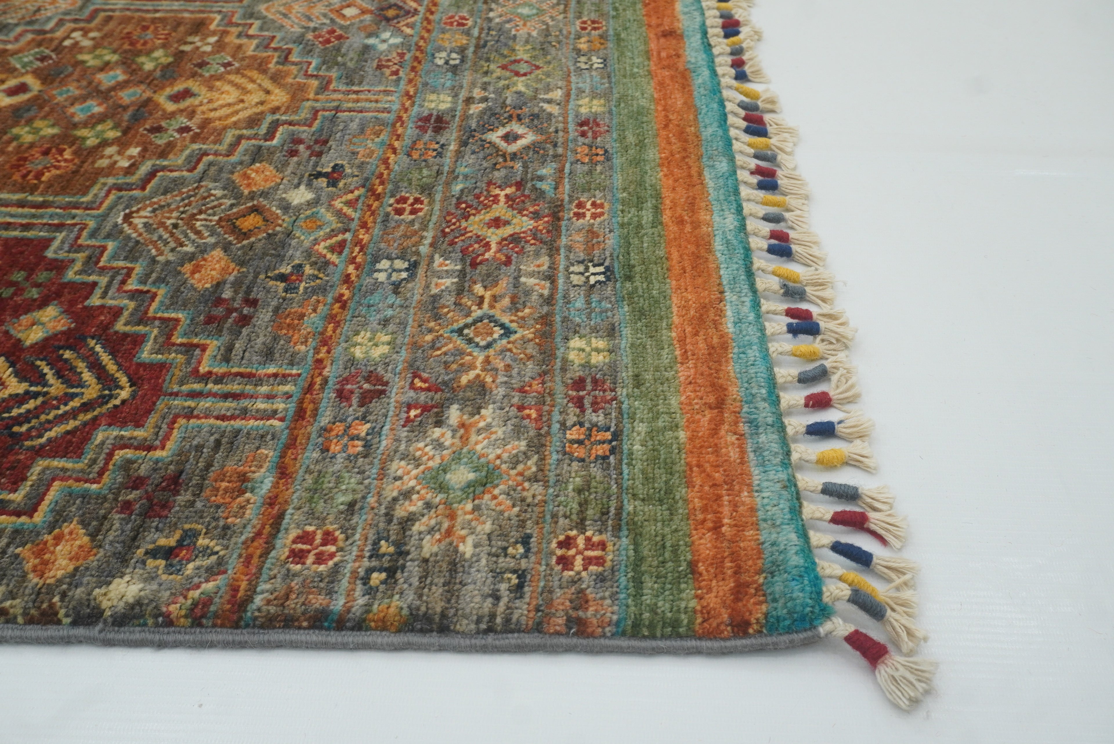 8 ft Gray Khorjin Afghan Hand Knotted Wool Runner Rug - Yildiz Rugs