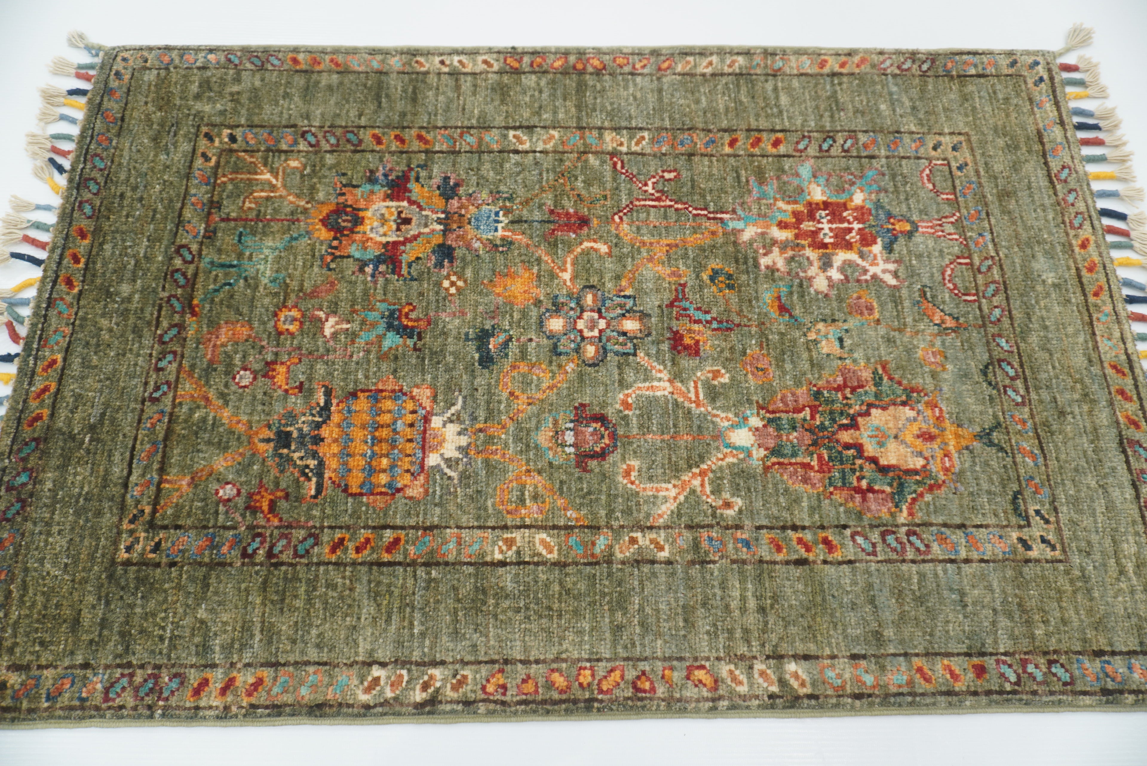 2x3 Green Afghan Waziri Hand Knotted Wool Rug - Yildiz Rugs
