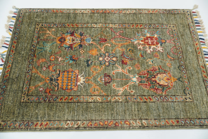 2x3 Green Afghan Waziri Hand Knotted Wool Rug - Yildiz Rugs