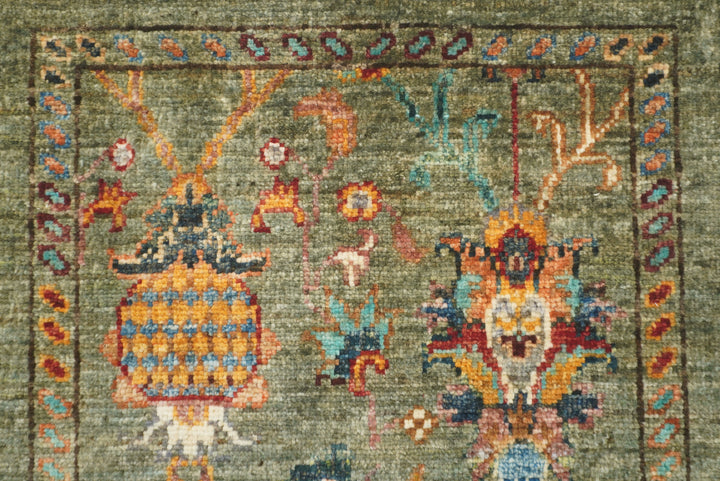 2x3 Green Afghan Waziri Hand Knotted Wool Rug - Yildiz Rugs