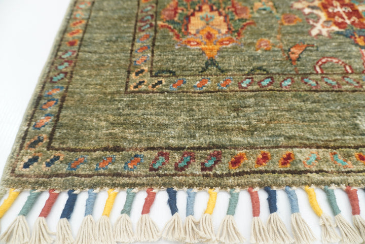 2x3 Green Afghan Waziri Hand Knotted Wool Rug - Yildiz Rugs