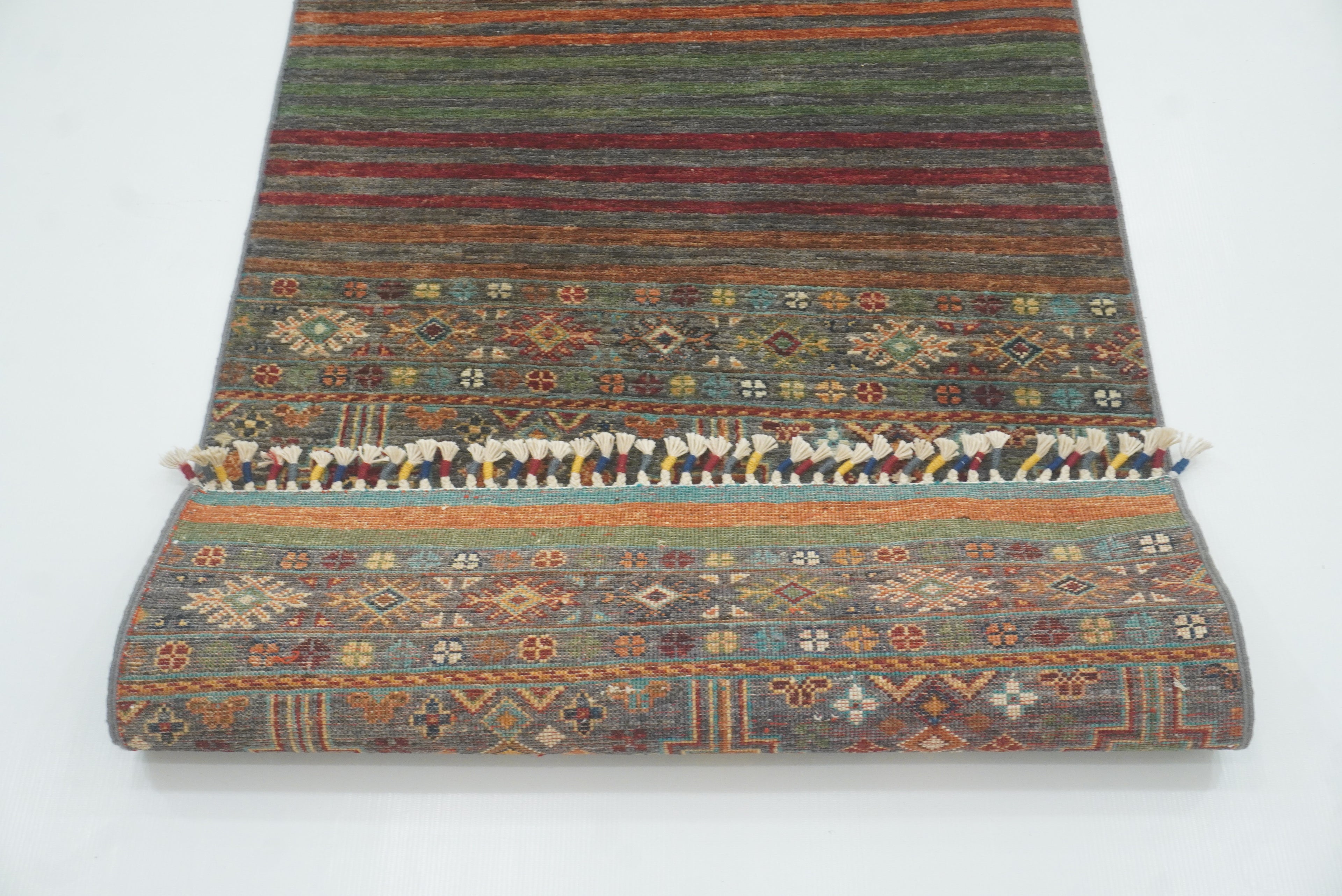 8 ft Gray Khorjin Afghan Hand Knotted Wool Runner Rug - Yildiz Rugs