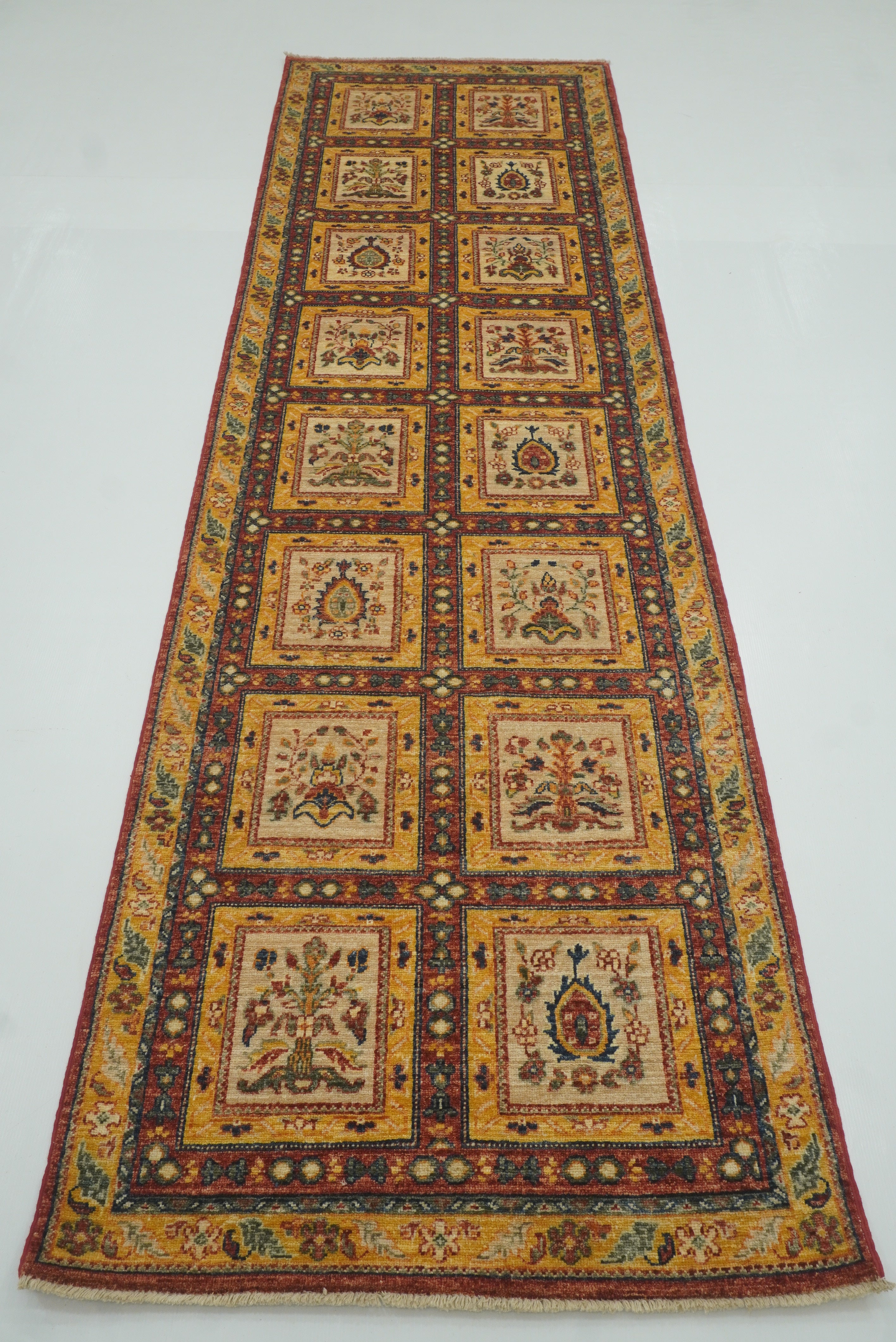 10 ft Beige Vintage Afghan Hand knotted Oriental Runner Rug - Yildiz Rugs