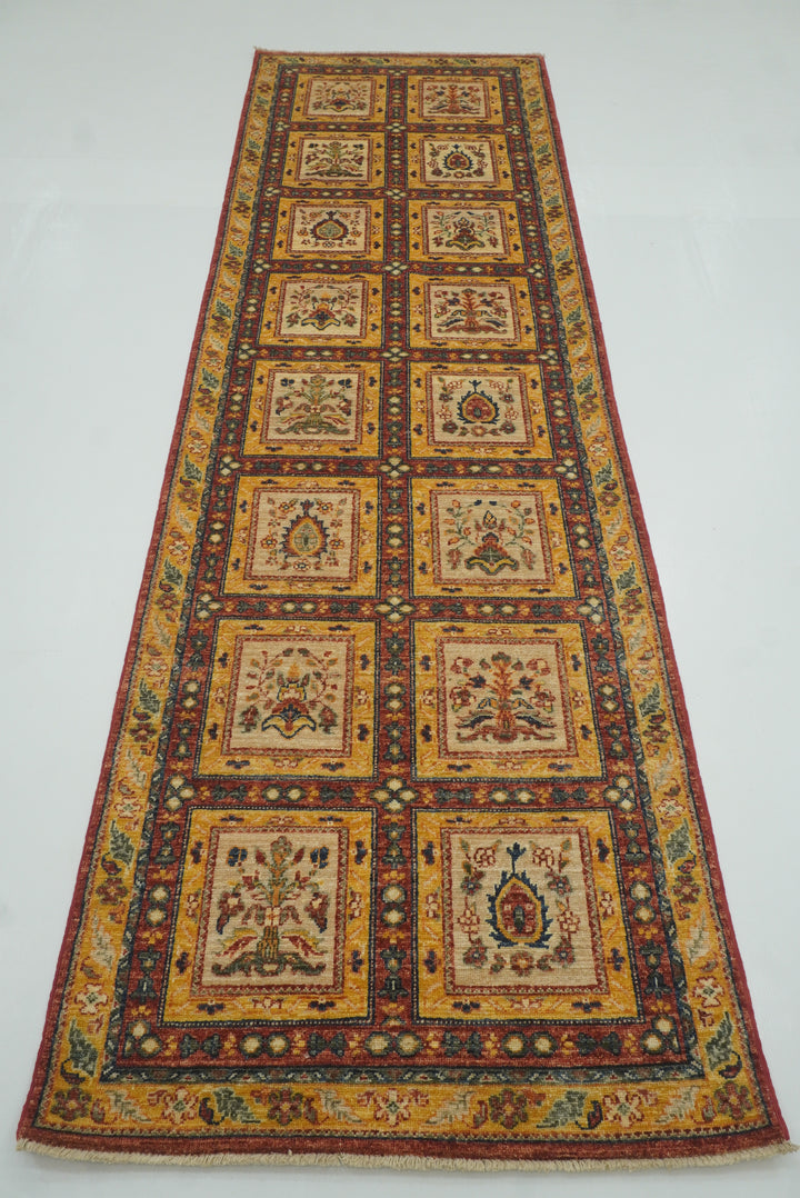 10 ft Beige Vintage Afghan Hand knotted Oriental Runner Rug - Yildiz Rugs