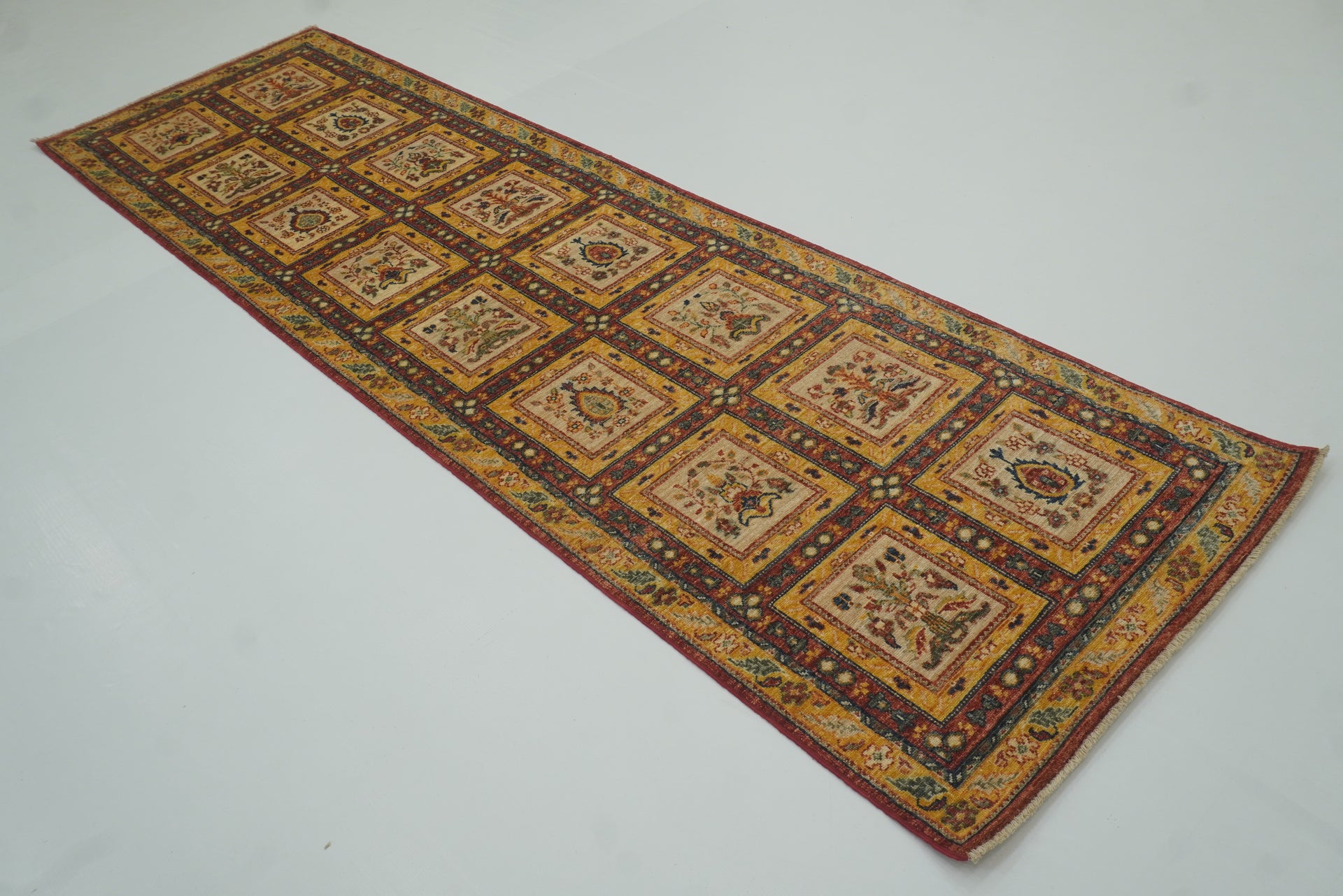 10 ft Beige Vintage Afghan Hand knotted Oriental Runner Rug - Yildiz Rugs