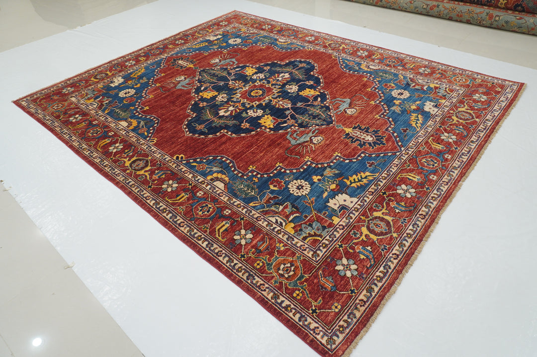 8x10 Red Blue Qashqai Lion Afghan Hand Knotted Rug - Yildiz Rugs