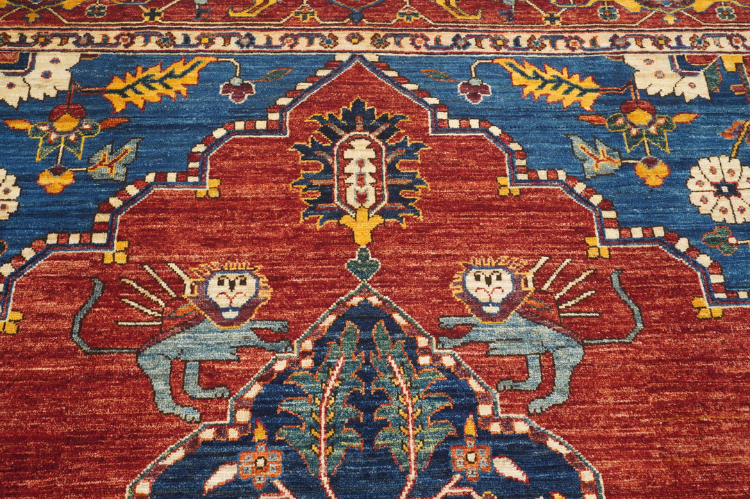 8x10 Red Blue Qashqai Lion Afghan Hand Knotted Rug - Yildiz Rugs