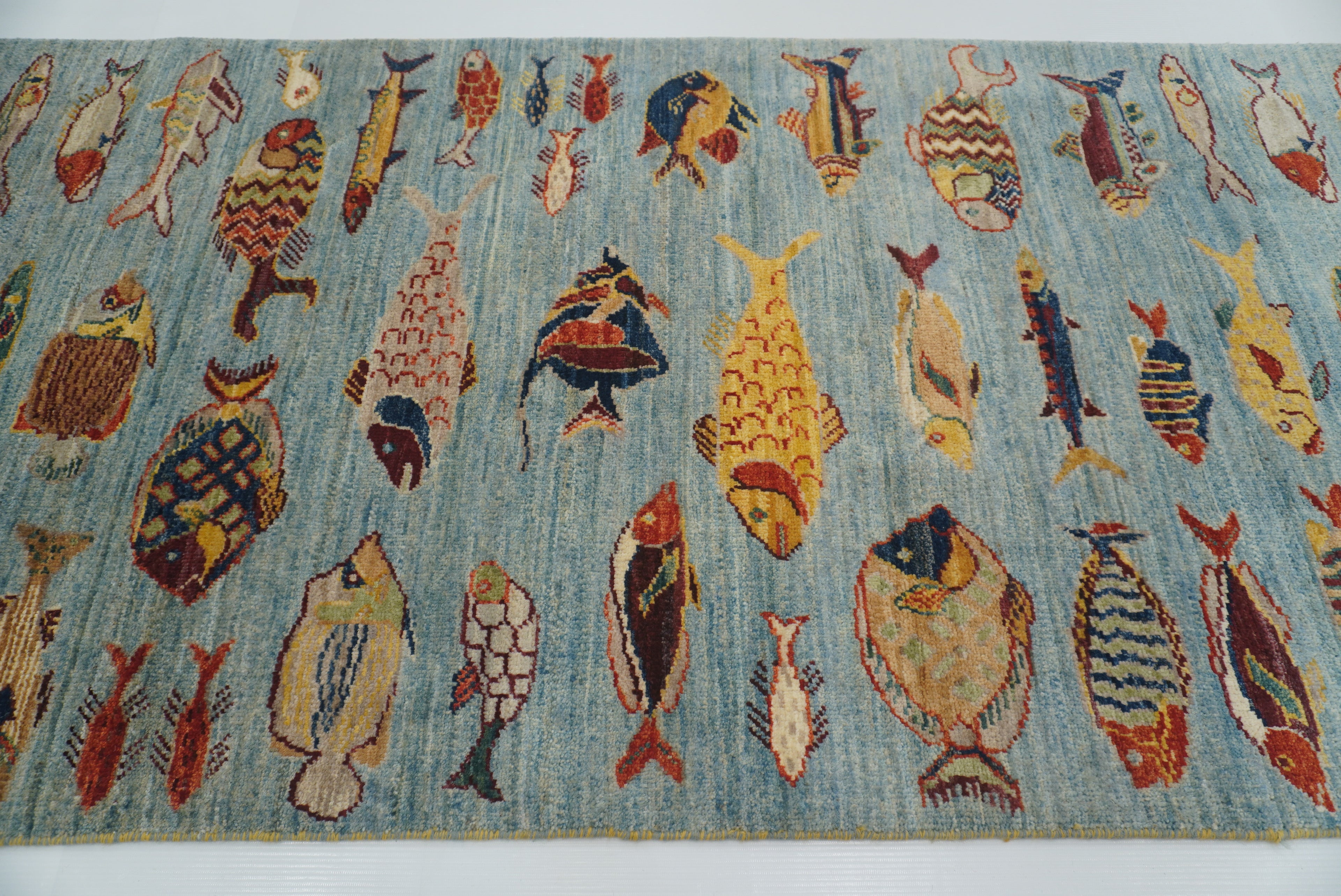 10 ft Blue Fish Afghan Gabbeh Hand-Knotted Wool Runner Rug - Yildiz Rugs