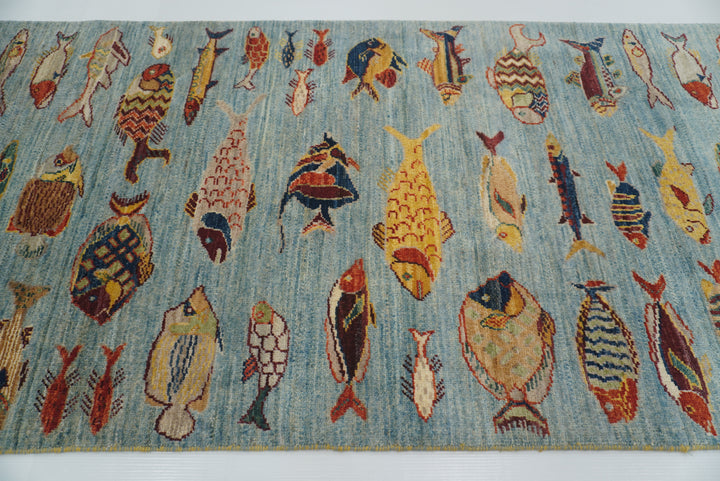 10 ft Blue Fish Afghan Gabbeh Hand-Knotted Wool Runner Rug - Yildiz Rugs