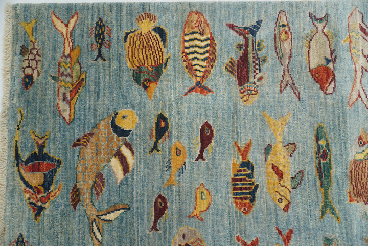 10 ft Blue Fish Afghan Gabbeh Hand-Knotted Wool Runner Rug - Yildiz Rugs