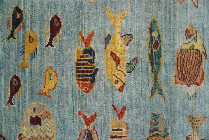 10 ft Blue Fish Afghan Gabbeh Hand-Knotted Wool Runner Rug - Yildiz Rugs