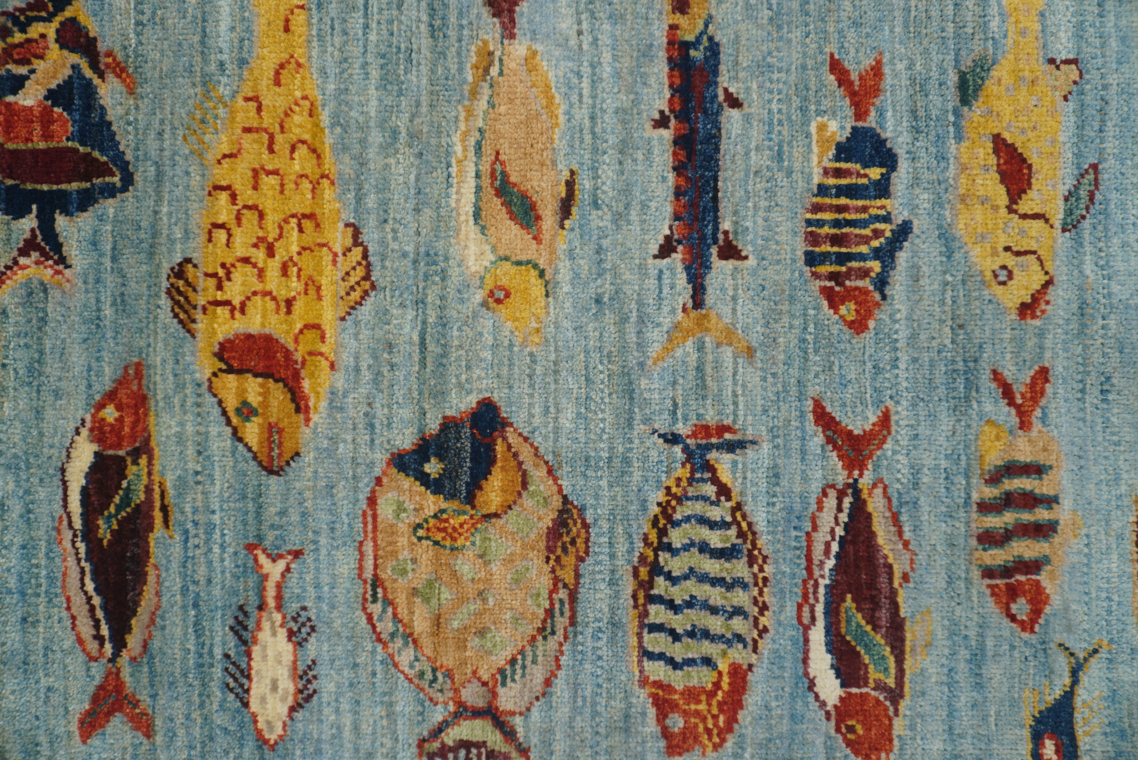 10 ft Blue Fish Afghan Gabbeh Hand-Knotted Wool Runner Rug - Yildiz Rugs