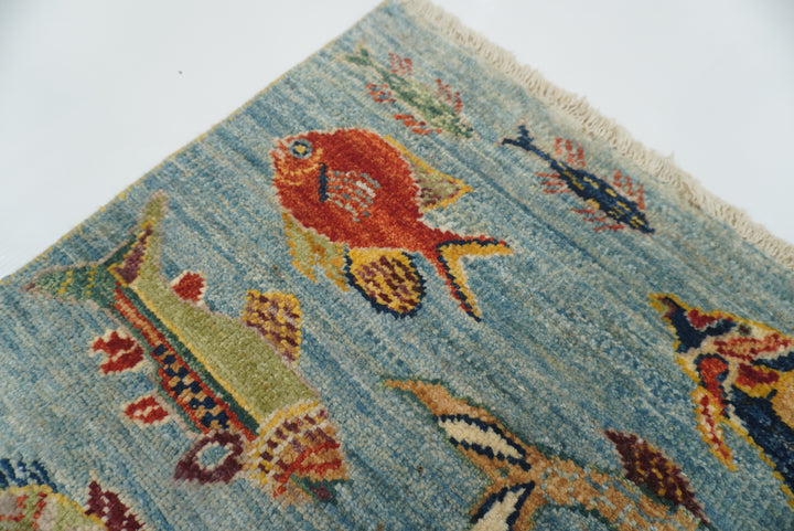 10 ft Blue Fish Afghan Gabbeh Hand-Knotted Wool Runner Rug - Yildiz Rugs
