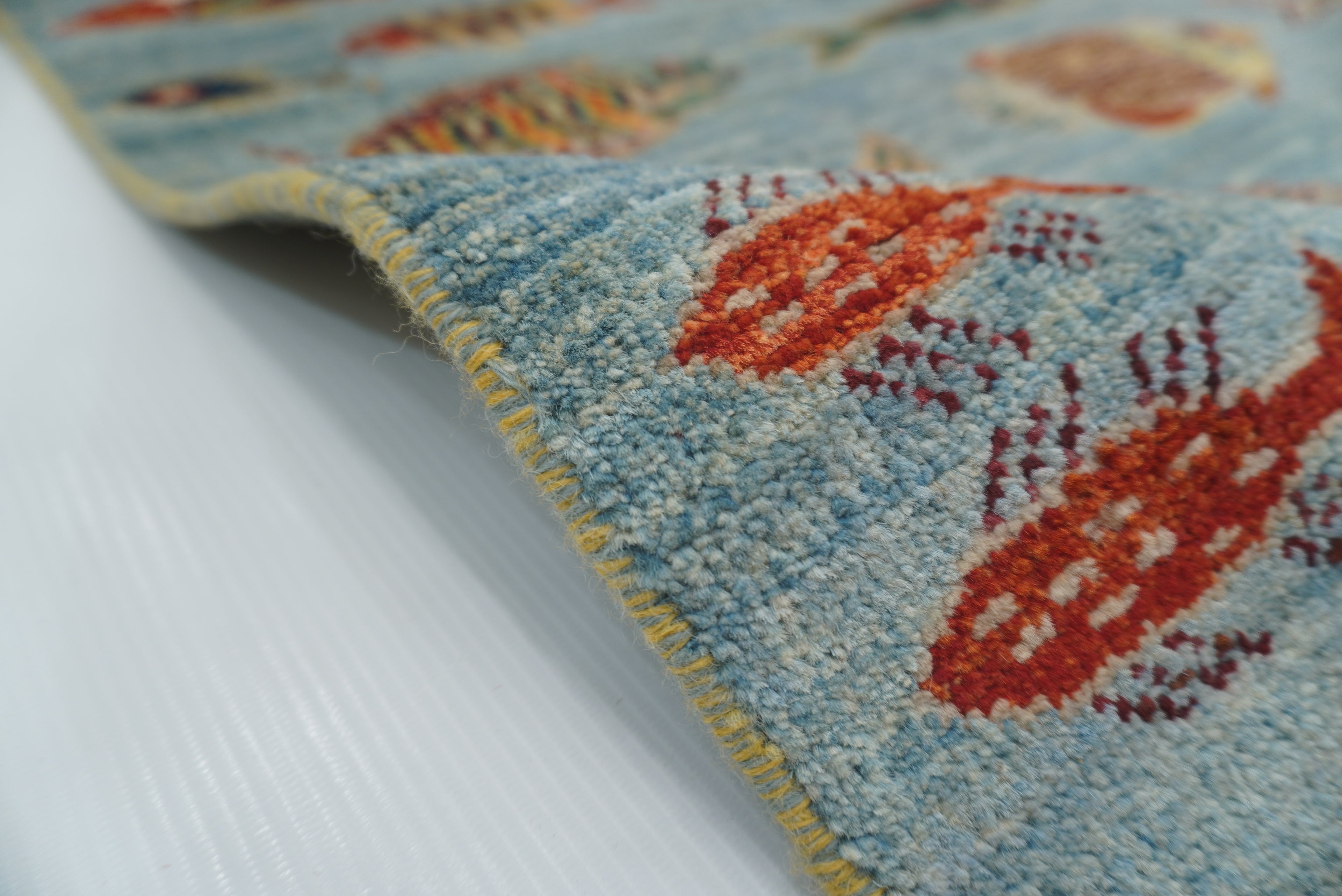 10 ft Blue Fish Afghan Gabbeh Hand-Knotted Wool Runner Rug - Yildiz Rugs