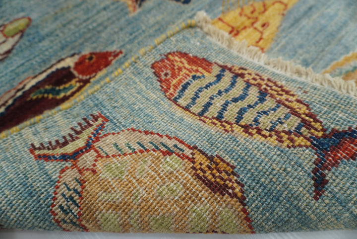10 ft Blue Fish Afghan Gabbeh Hand-Knotted Wool Runner Rug - Yildiz Rugs