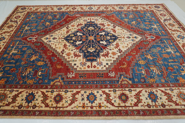 9x12 Serapi Beige Blue Afghan Hand Knotted Oriental Medallion Rug - Yildiz Rugs