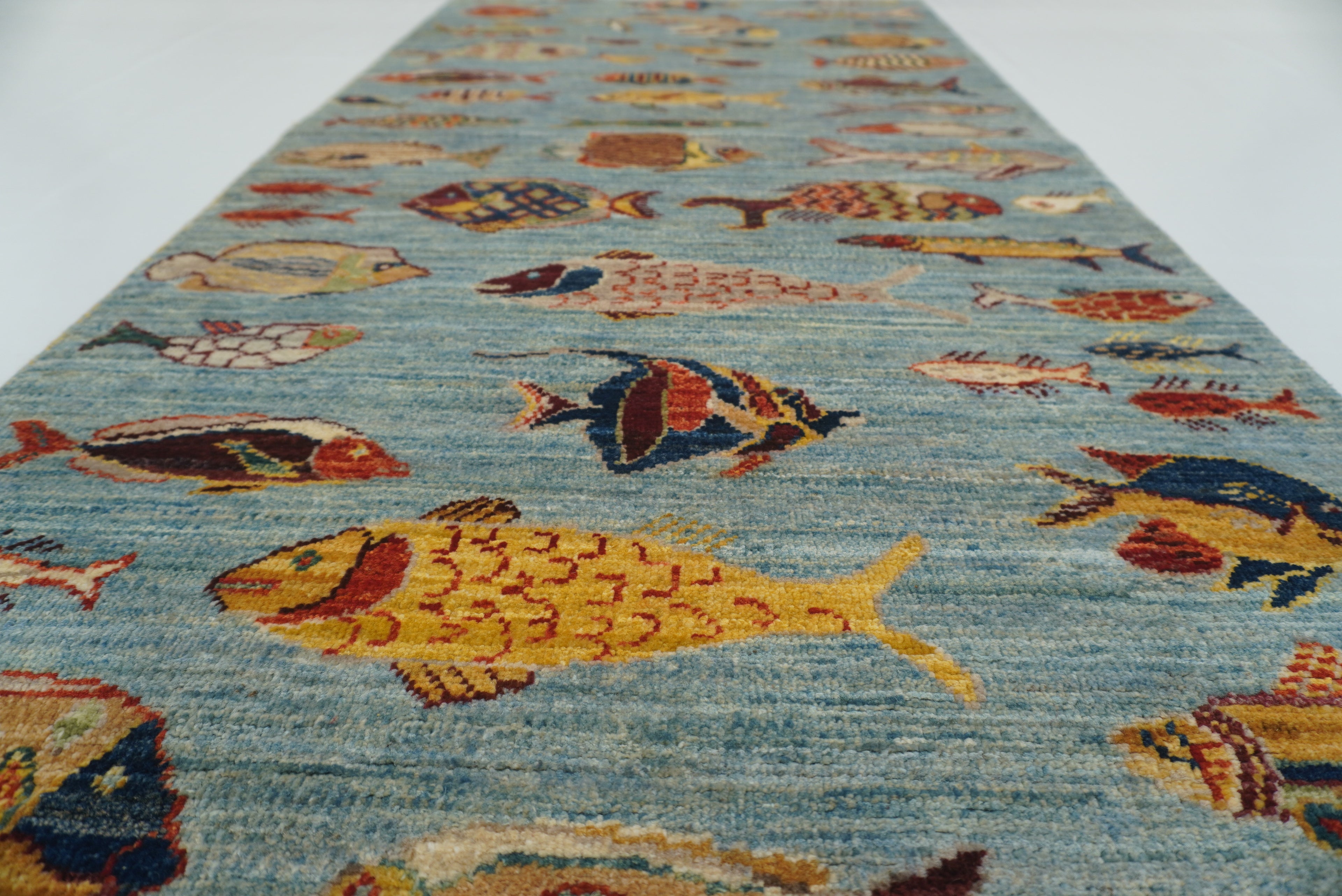 10 ft Blue Fish Afghan Gabbeh Hand-Knotted Wool Runner Rug - Yildiz Rugs