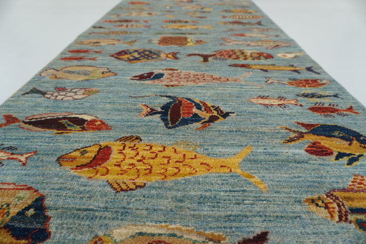 10 ft Blue Fish Afghan Gabbeh Hand-Knotted Wool Runner Rug - Yildiz Rugs