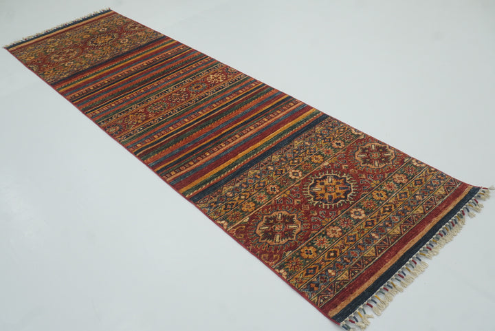 2'8"x9'6" Red Tribal Hand-Knotted Wool Runner Rug - Yildiz Rugs
