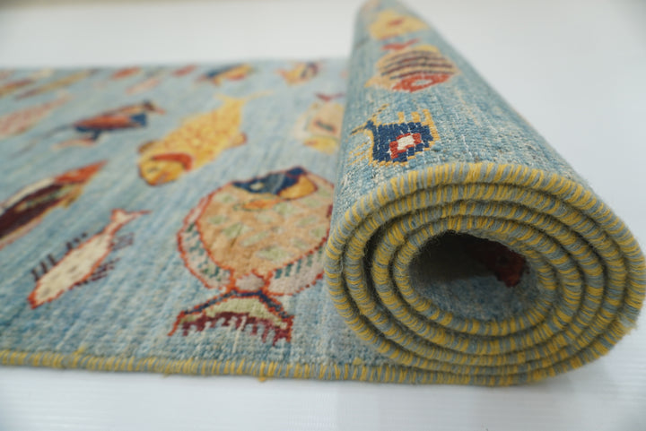 10 ft Blue Fish Afghan Gabbeh Hand-Knotted Wool Runner Rug - Yildiz Rugs