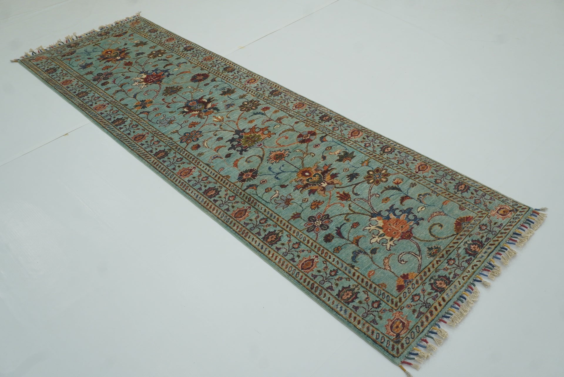 9 ft Waziri Blue Afghan Hand-Knotted Wool Runner Rug