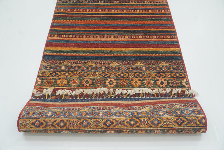 2'8"x9'6" Red Tribal Hand-Knotted Wool Runner Rug - Yildiz Rugs
