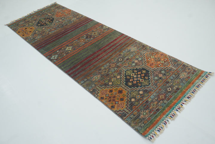 8 ft Gray Khorjin Afghan Hand Knotted Wool Runner Rug - Yildiz Rugs
