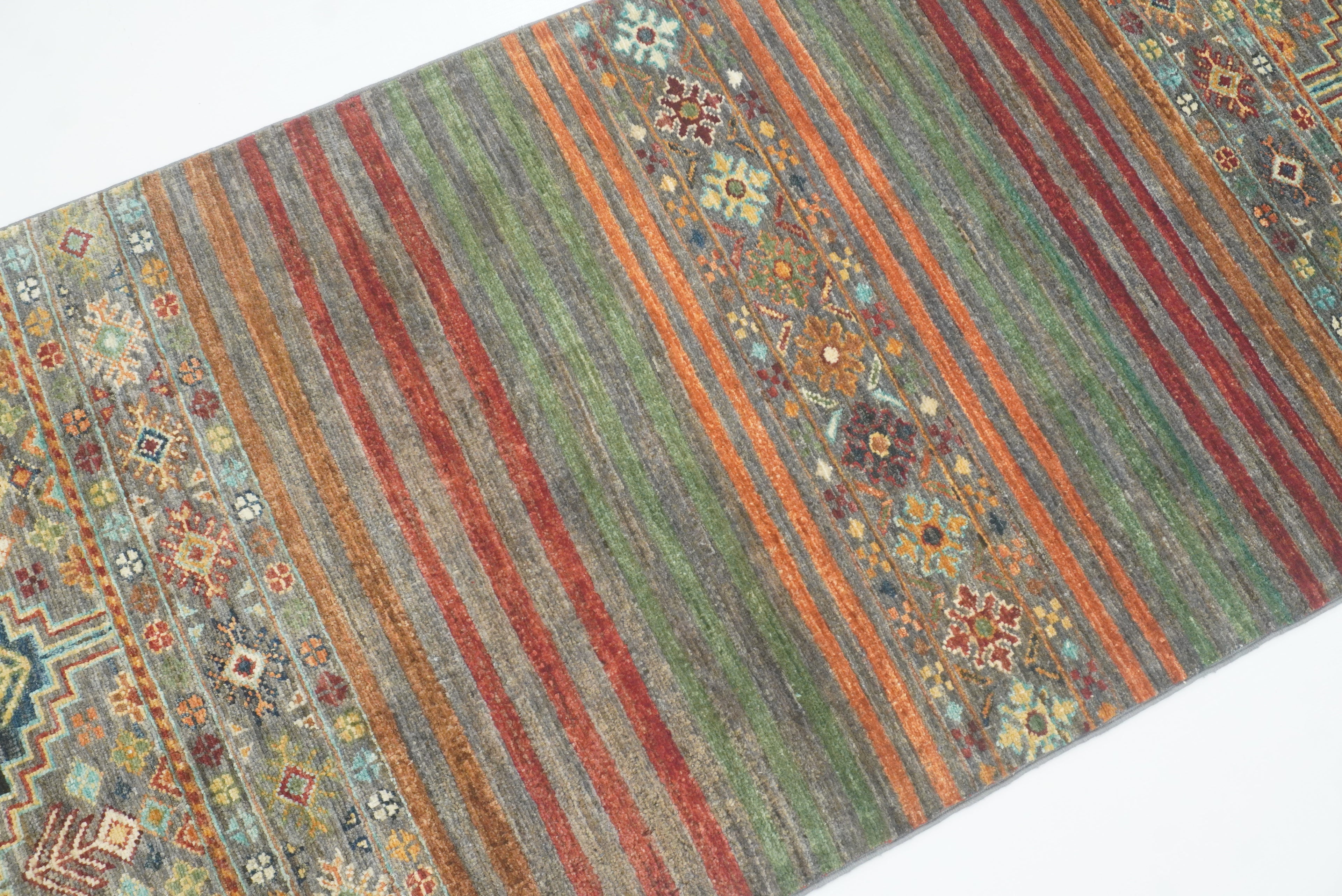 8 ft Gray Khorjin Afghan Hand Knotted Wool Runner Rug - Yildiz Rugs