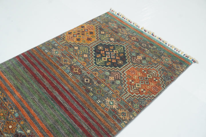 8 ft Gray Khorjin Afghan Hand Knotted Wool Runner Rug - Yildiz Rugs