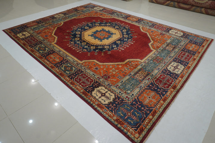 9x12 Red Heriz Afghan Hand Knotted Medallion Rug