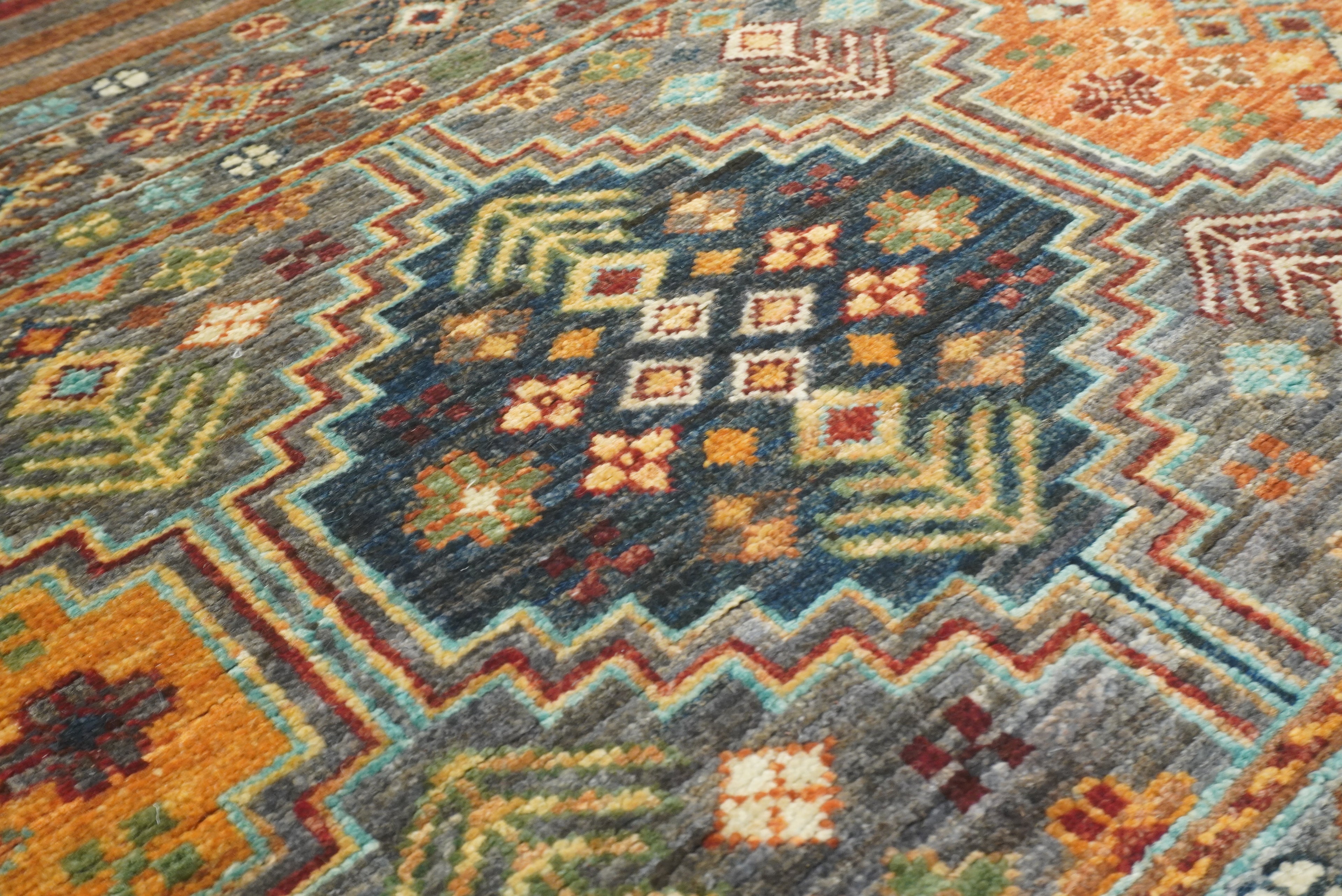 8 ft Gray Khorjin Afghan Hand Knotted Wool Runner Rug - Yildiz Rugs