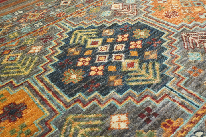 8 ft Gray Khorjin Afghan Hand Knotted Wool Runner Rug - Yildiz Rugs