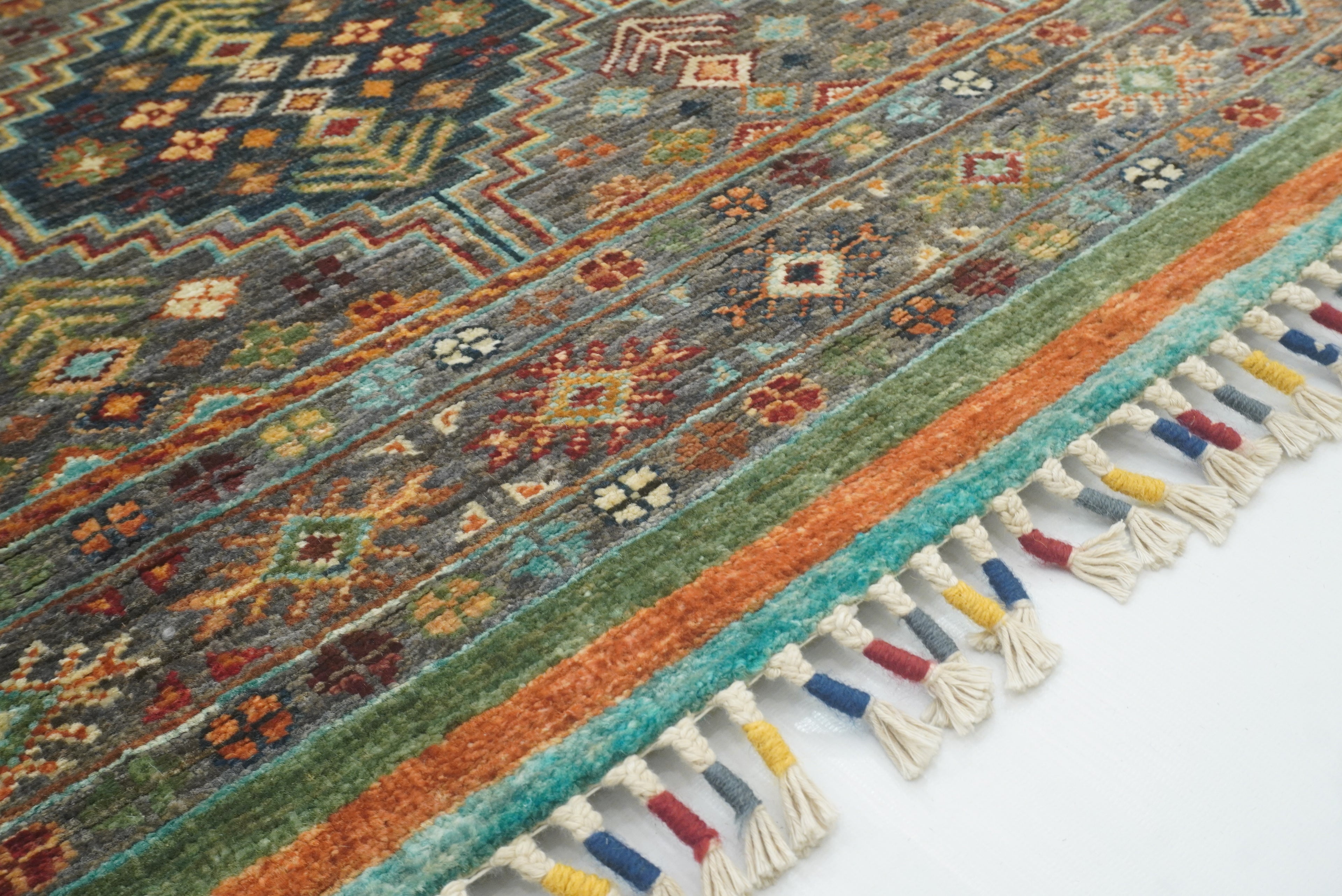 8 ft Gray Khorjin Afghan Hand Knotted Wool Runner Rug - Yildiz Rugs