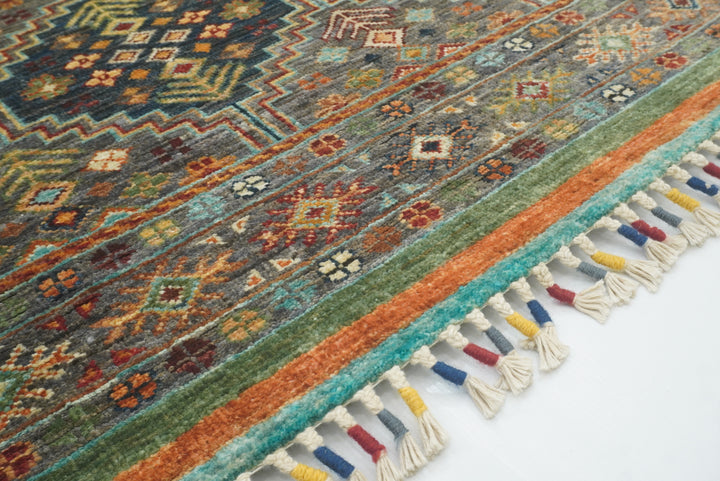8 ft Gray Khorjin Afghan Hand Knotted Wool Runner Rug - Yildiz Rugs